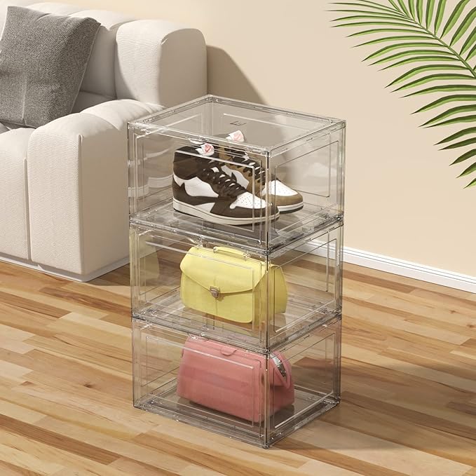12 Packs Acrylic Shoe Boxes, Clear Plastic Stackable Acrylic Sneaker Boxes, Display Case for Sneaker Fits Up to US Size 15