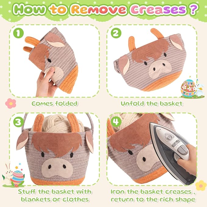 Small Woven Storage Basket with Handle, Cute Cartoon Cow Baskets for Gift Empty, Cotton Rope Storage Basket for Toy Organizer