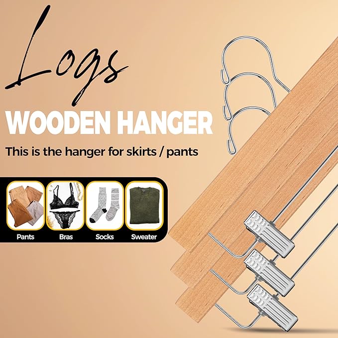 Quality Hangers Wooden Pants Hangers - 10-Pack Swivel Hook Cloth Hanger Set - Lotus Wood Skirt, Pant, Shorts and Slack Hangers with Adjustable Clip - Natural Clothing Hanger Set in 6 Modern Colors