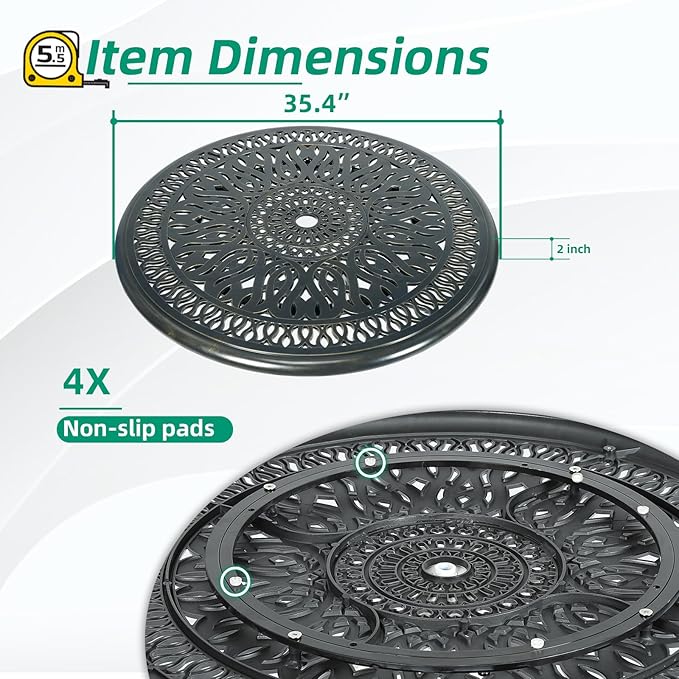 VIVIJASON 35.4" Cast Aluminum Lazy Susan Turntable, 360° Large Rotating Display Tray with Silent Bearings, Round Table Top Swivel Serving Plate with 2" Umbrella Hole for Outdoor Dining Table
