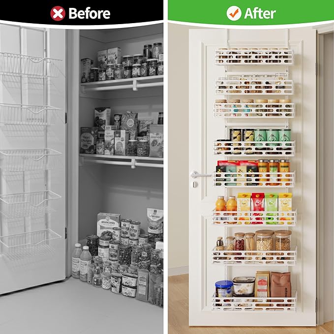 Over the Door Pantry Organizer, Pantry Organization and Storage, 8 Tier Pantry Door Spice Rack Organizer, Metal Over Door Organizer Home Office Laundry Room Bathroom & Kitchen Organization, White