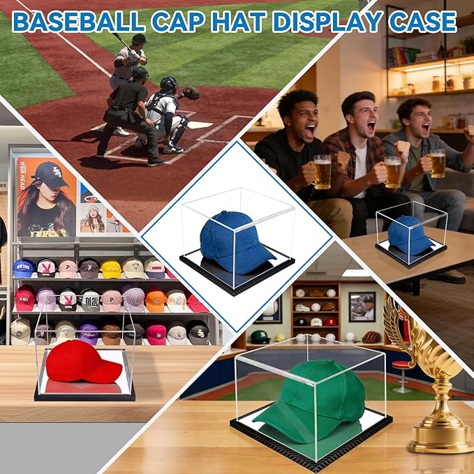 Clear Hat Display Case Acrylic Baseball Cap Holder Stand Transparent Hat Storage Box Dustproof Square UV Protection Cabinet with Carbon Fiber Skin Base and Removable Mirror Base