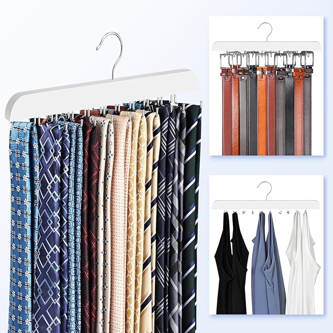 RESOVO Upgraded Tie Rack Hanger with 20 Foldable Metal Hooks, Space Saving Necktie Organizer for Men – Large Capacity Tie and Belt Wooden Hanger for Closet - White