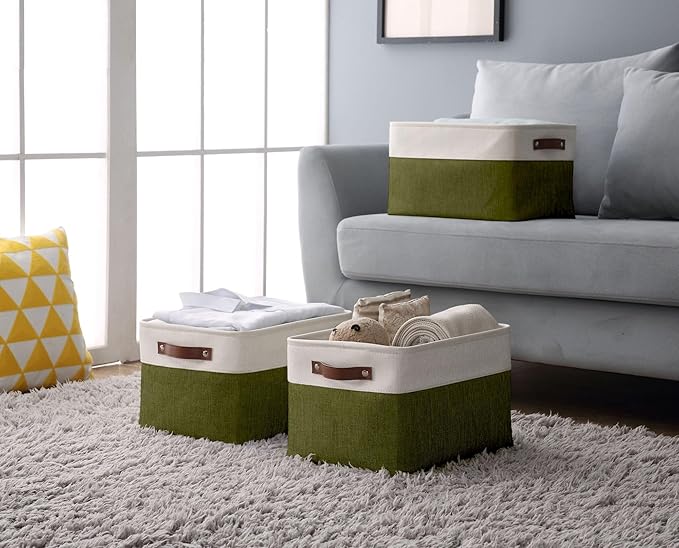 DECOMOMO Storage Bins, Large Fabric Storage Baskets for Shelves, Decorative Linen Closet Organizer, 15 x 11 x 9.5 inches (Olive Green & White, 3 Pack)