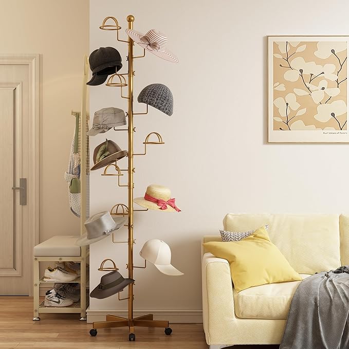 Hat Rack with 15 Circular Hooks Floor Hat Stand Freestanding Hats Rack Stand Adjustable Metal Hats Tree Organizer Rack Display Standing Suitable for Home Store Commercial, Gold