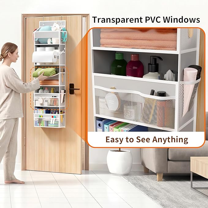 Over the Door Organizer - Behind the Door Storage with Rope for Toilet Paper Storage - Door Organizer Hanging with 5 Spacious Pockets & 14 Mesh Pockets (5 Tier-Grey)