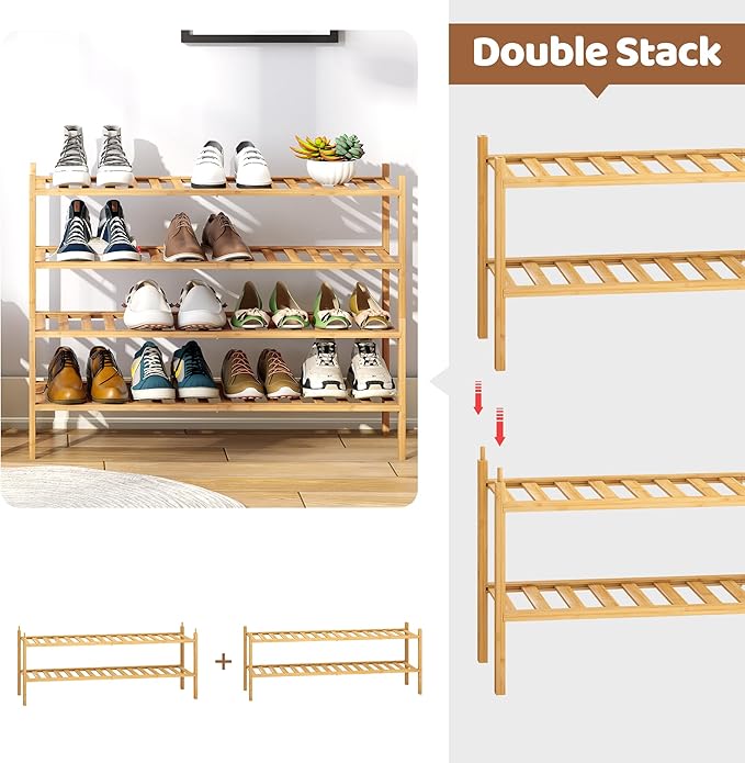 Bamboo Shoe Rack Stackable Shoe Shelf Storage Organizer for Unit Entryway Hallway and Closet Sturdy Freestanding Shoe Shelf (4L Tier Natural)