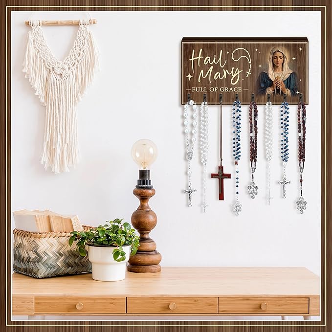 Colingmill Large Wooden Rosary Holder Wall Mounted with 8 Hangers Catholic Rosary Storage Organizer Decorative Hanger Holder for Necklace, Bracelet Prayer Storage(Classic)