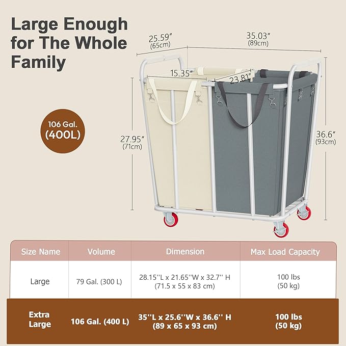 Hoctieon 2 Section Laundry Sorter Cart, 400L Rolling Hamper with Wheels, Industrial Laundry Basket Organizer, Extra Large Dirty Clothes Hamper for Home & Hotel, Heavy Duty, Gray+Beige