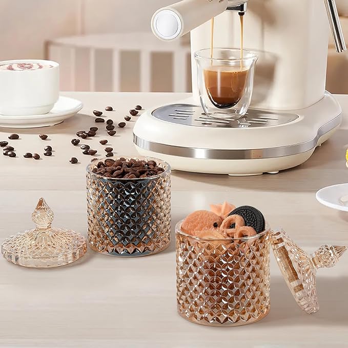 2 Pack Qtip Holder Thick Glass Apothecary Jars with Lid for Bathroom Decor Storage Organizer for Cotton Swabs, Balls, Pads, Floss Picks, Candy, Jewelry, Amber