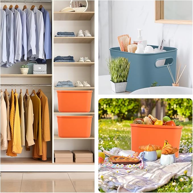 Hoolerry 8 Pieces Colorful Storage Bins with Lid, Plastic Storage Basket Organizing Container Stackable Box with Handle for Shelves Desktop Playroom Office(10.2 x 7 x 6.3 Inch,Blue and Orange)