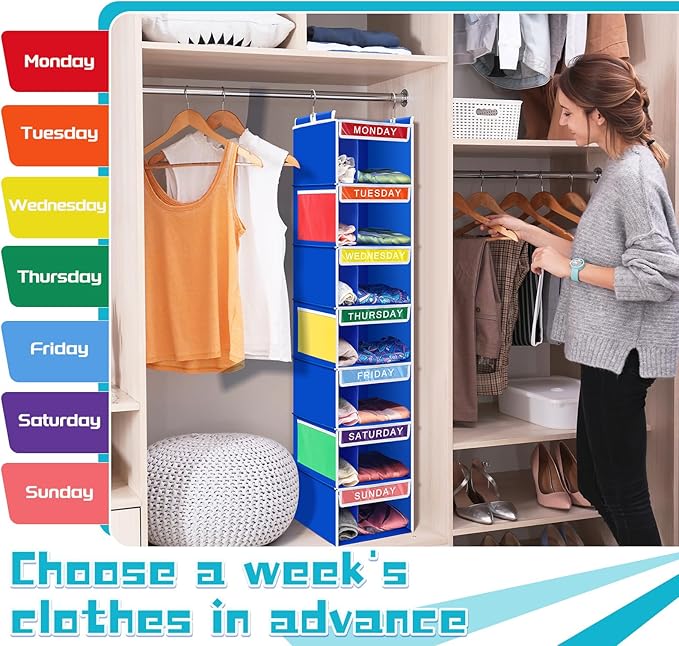 2 Pcs 7 Shelf Weekly Clothes Organizer for Kids Double Grid Hanging Closet Organizer 11. 8 x 11. 8 x 50 Inches Daily Activity Kids Clothes Storage Drawers Cube Closet Hanging Shelves