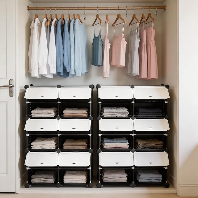 HealSmart Shoe Rack Organizer with Door, Shoe Storage Cabinet, Stackable Plastic Shelves for Closet, Entryway, Hallway, Bedroom, 6-Tier 24-Pair, Black