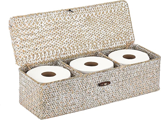 Hipiwe Storage Basket with Lid 3 Sections Handwoven Seagrass Basket Rectangular Closet Organizer Bin Multipurpose Storage Box for Bathroom Shelf Kitchen, Whitewash
