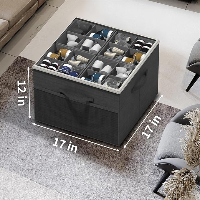 Aokeyee Shoe Organizer for Closet,2 Pack Foldable Shoe Storage Organizer Box Bin with Adjustable Dividers and Clear Cover, Fits up to 16-32 Pairs