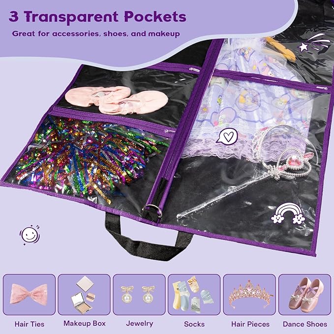 2Pack Dance Garment Bags for Dancers, 40" Garment Bags for Hanging Clothes with 3 Clear Zipper Pockets, Cheer Uniform Garment Bag for Suits, Travel & Sports Jersey, Cheer Uniform (Purple, 2Pack 40")