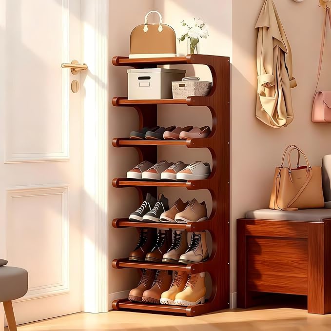 Vertical Shoe Rack 7 Tier, Bamboo Narrow Shoe Rack for Small Spaces, Freestanding Shoe Storage Organizer for Entryway Closet, Space Saving Skinny Shoe Shelf