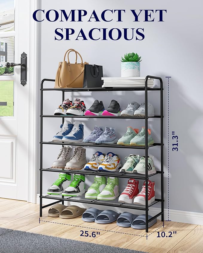 Kitsure Shoe Rack - Stainless Steel Shoe Organizer, Sturdy Shoe Rack for Closet and Front Door Entrance, Free Standing Shoe Shelf, Closet Organizers and Storage, 25.6" Wide - 5 Tier, Black