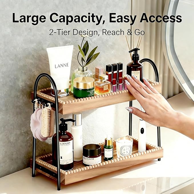 Large 2-Tier Bathroom Countertop Organizer with 8 Jewelry Hooks, 17.3" Eco-Coated Wood Vanity Tray for Perfume & Makeup, Skincare Storage Shelf for Dresser Coffee Bar Kitchen (Light Brown & Black)