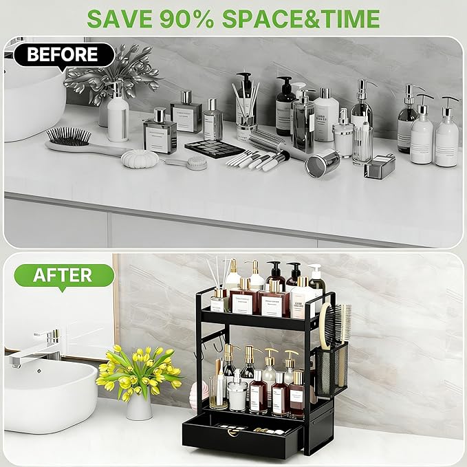 2-Tier Bathroom Counter Organizer with Drawer Basket and Hooks, Wood Bathroom Organizers and Storage for countertop, Farmhouse Black Countertop Organizer, Counter Shelf for Vanity, Kitchen, Office