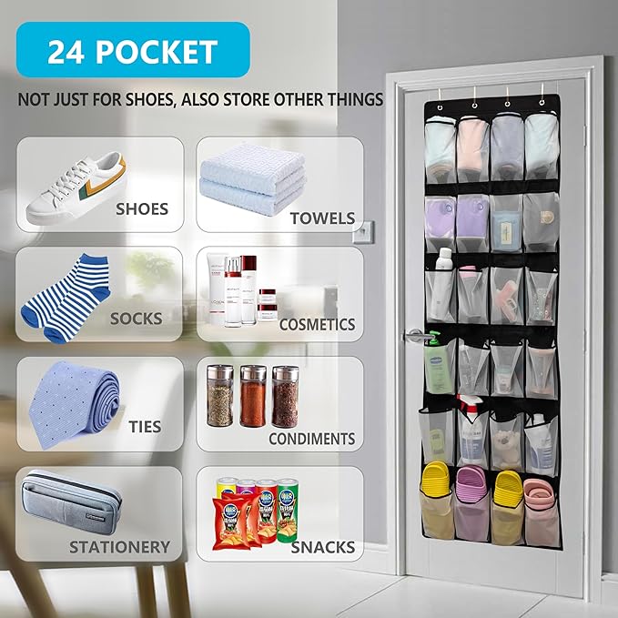 Over The Door Shoe Organizers with 24 Mesh Pockets Shoe Organizer Storage Hanging SimpleHouseware Shoe Holder for Rack (White Black)