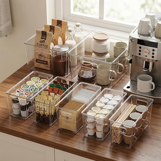 MOONEDGE Set of 12 Clear Plastic Storage Organizer Bins โ 4 Large and 8 Small Nestable Space-Saving System for Under-Sink, Bathroom, Kitchen, Fridge & Cabinet Organization
