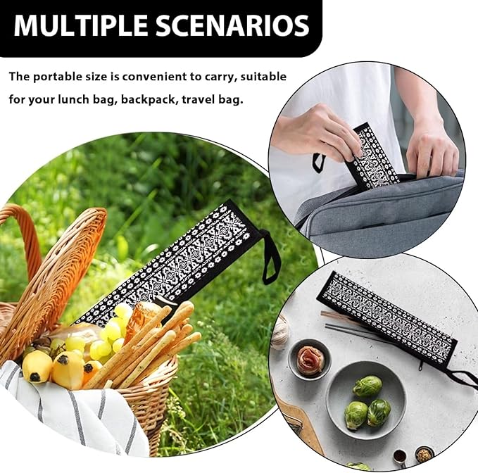 Black Boho Portable Camping Straw Tableware Storage Bag Cutlery Carrier Bag with Handle Outdoor Reusable Flatware Bag Leakproof Chopsticks Case