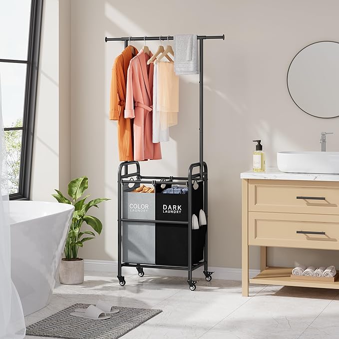 Tajsoon Laundry Sorter with Hanging Bar, 2 Section Laundry Hamper with Lockable Wheels and Removable Bag, Black & Gray