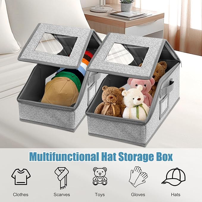 Yotako 2 PCS Stackable Hat Storage for Baseball Caps,Clear Hat Storage Box with Cardboard Holds up to 24 Caps, Baseball Caps Storage Organizer with Hard Lid and Handle Design for Closet Use, Grey