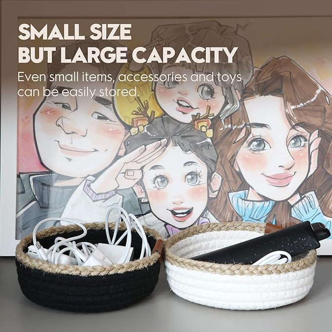 Sea Team 3-Pack Small Cotton Rope Storage Basket Set - Portable Round Organizers with Jute Braid for Small Items, Keys, Makeup & Trinkets