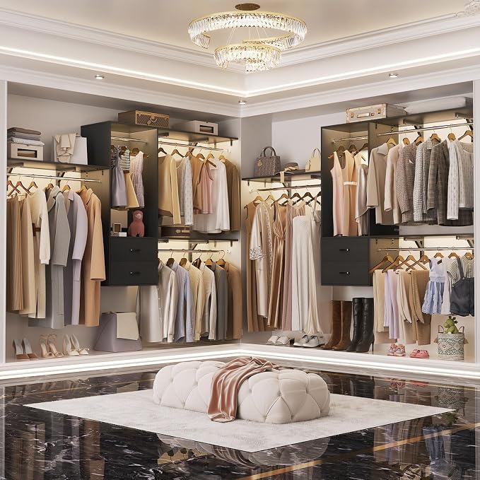 96 Hanging Closet System with 2 Wooden Drawers, 75"–87" Height Adjustable Closet Organizer System with Tower, 4-8FT Custom Closet Shelving System, Wall-Mounted Walk-In Closets Wardrobe, Black