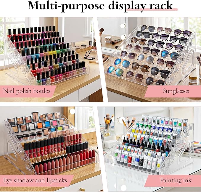 2 Pcs 7 Layers Nail Polish Organizer, Clear Plastic Nail Polish Stand Large Essential Oil Storage Holder for Cosmetic, Eyeglasses, Perfume, Jewelry, Lipstick