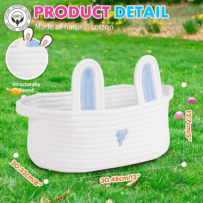 ShellKingdom Empty Gift Basket with Gift Bags and Ribbon, Birthday Basket for Boys Girls, Storage Woven Basket with Handles for Home Organizer, 12 X 8 X 5 INCH, Easter White Blue