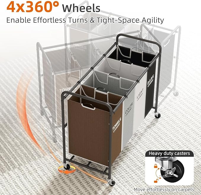 ROMOON Laundry Hamper Sorter Cart: 4-Section Organizer with Heavy-Duty Lockable Wheels and Removable Bags | 180L Rolling Laundry Basket for Dirty Clothes in Laundry Room or Small Spaces (Multicolor)