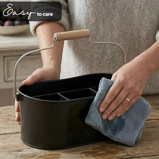 Alpha Living Home 4 Compartment Metal Flatware Caddy Silverware & Condiment Holder Cutlery Organizer Flatware Organizer - Perfect for Kitchen, Dining, and Picnics (Black)