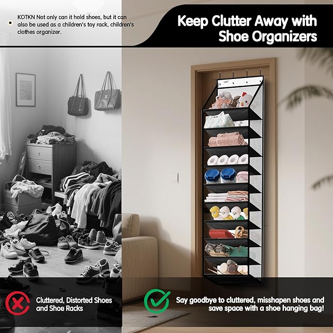Kotkn 10 Tier Hanging Shoe Rack - Heavy Duty Behind The Door Hanging Shoe Rack, Sturdy Oxford Cloth, 20+ Pairs Over The Door Shoe Cabinet for Boots and Sneakers - Save 50% Closet Space! (Piano White)