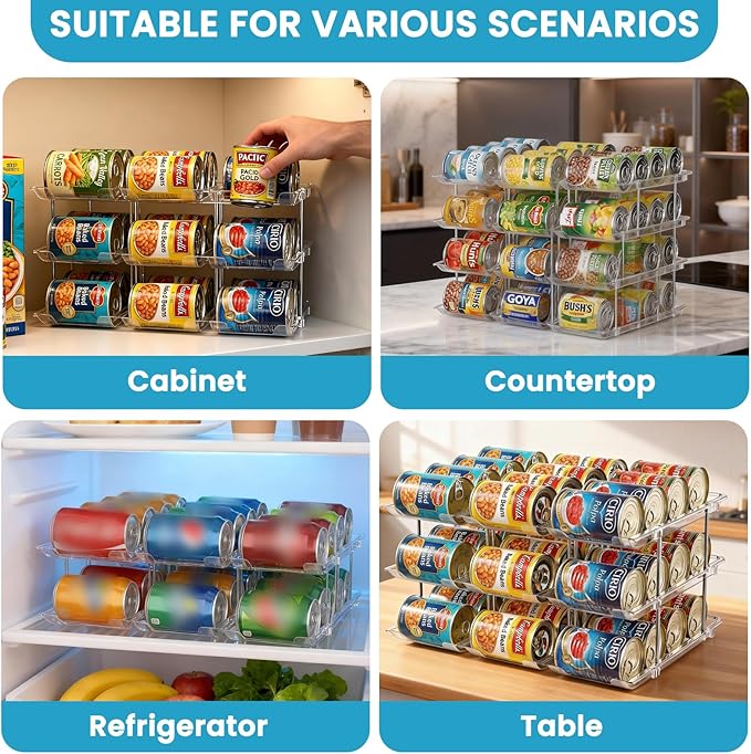Can Organizer for Pantry, 4 Tier Canned Food Goods Storage Organizer, Clear Soda Can Organizer for Refrigerator Stackable Can Dispenser Rack Holders for Pantry Cabinet Fridge Countertop, Holds 48 Cans