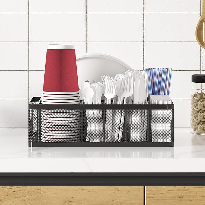 Paper Plate Organizer and Utensil Caddy for Countertop with Handle, 6-Compartment Paper Plate Holder and Silverware Tray for Cups, Forks, Spoons, Napkins - Ideal for Party, Camping, Picnic