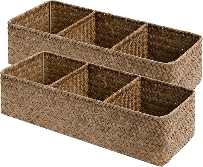 StorageWorks Toilet Paper Baskets for Shelves, 3-Section Large Wicker Baskets Storage, Seagrass Back of Toilet Basket for Organizing Tank Topper, Living Room, Table Decor, 2 Pack