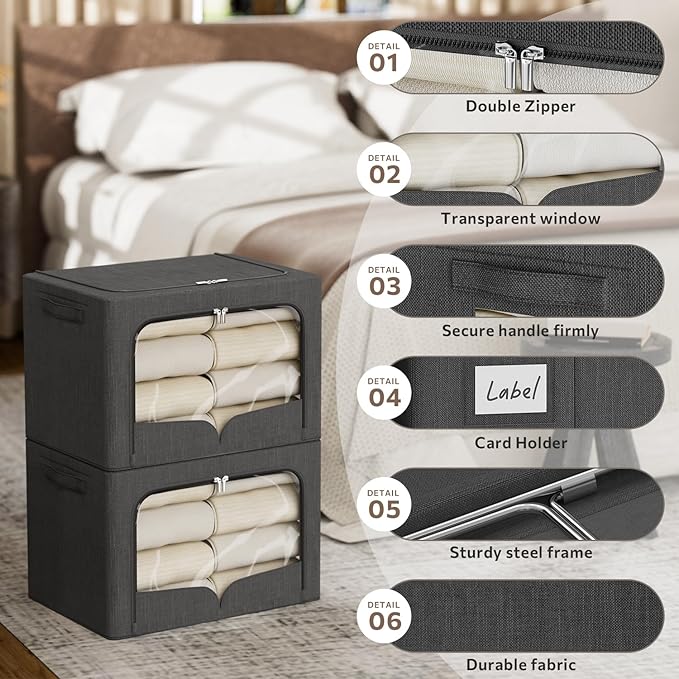 FHSQX 3 Pack Clothes Storage Bins Foldable Metal Frame Storage Box Stackable Linen Fabric Organizer Set with Carrying Handles and Clear Window (Dark Gray, 15.7x11.8x7.8inch(22L))