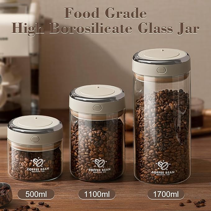 Coffee Bean Storage Container with One-way Valve Airtight Lid Date Tracker for Coffee and More Food Fresh and Storage, Clear Borosilicate Glass Coffee Canister(1.2 Qt - 13.1 OZ)