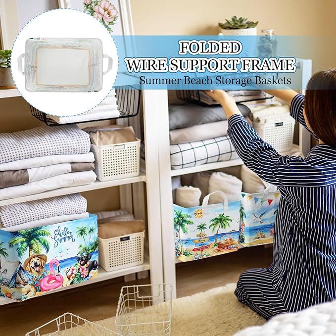 Geelin 3 Pcs Beach Baskets Summer Storage Basket for Gifts Collapsible Waterproof Canvas Cute Storage Bin Organizer with Handles for Book Closet Shelf Nursery Decor