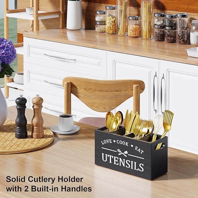 Extra Large Utensil Holder for Kitchen Counter with 4 Compartments, Kitchen Cooking Utensils Holder for Countertop,Black Wooden Utensil Caddy for Farmhouse Spatula,Cutlery,Wood Wall Mounted Organizer