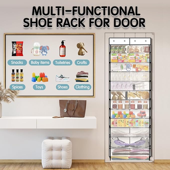 Kotkn Over The Door Shoe Organizer with 12 Large Breathable Pockets - Durable Hanging Storage for the Entire Family's Shoes (White)