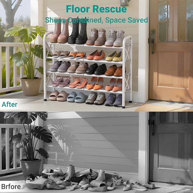 YEASHEIN 4-Tier Expandable Shoe Rack for Closet Floor, X-Frame Metal Small Shoe Rack for Entryway, Adjustable Shoe Shelf Organizer, Free Standing Shoe Racks for Front Door Entrance, Garage - White