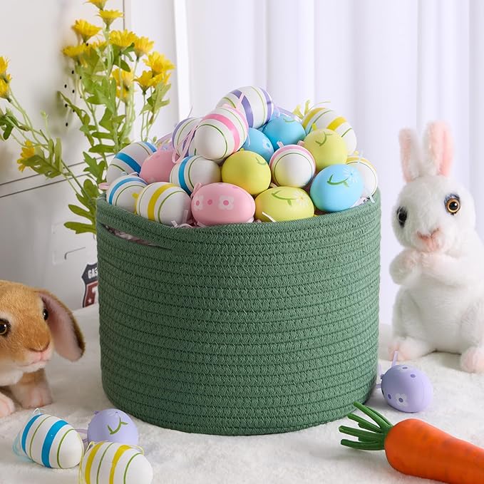 MiniArk Small Basket for Organizing | Cube Shelf Closet Storage Baskets | 9.7×9.7×7.1” | Woven Rope Gift Basket | Nursery | Round 3 Packs Green