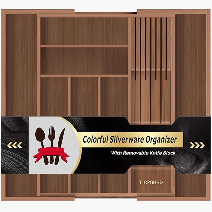TIOPGHAD Bamboo-Silverware-Drawer-Organizer-Kitchen, Expandable Utensil Holder Cutlery Tray Flatware Organization Adjustable Wood Tableware Dividers Storage (with Removable Knife Block)(Brown)