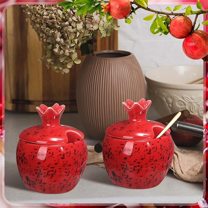 Honeydak 2 Pcs Rosh Hashanah Pomegranate Salt Bowl Set with Lid and Spoon Jewish New Year Pomegranate Salt Pepper Seasoning Jar 3.9 Inch for Jewish Kitchen Party Table Wedding Collectable Gift