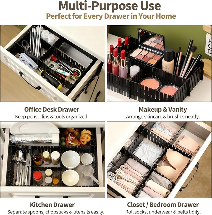 Drawer Divider Adjustable Diy Storage Organizer Separator for Tidying Clutter Cutlery Makeup Clothes of Dresses, Desk & Box in Kitchen Bathroom Bedroom Office (Cut at Will) (Black 32pcs)