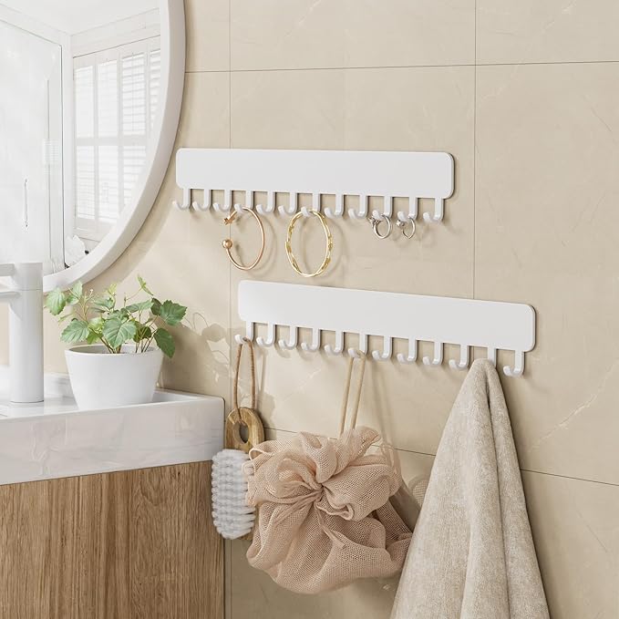Wall-Mounted Jewelry Organizer, Self-Adhesive Hanging Holder with Hooks for Necklaces, Bracelets, Earrings - Display Storage for Women, 2PCS,White